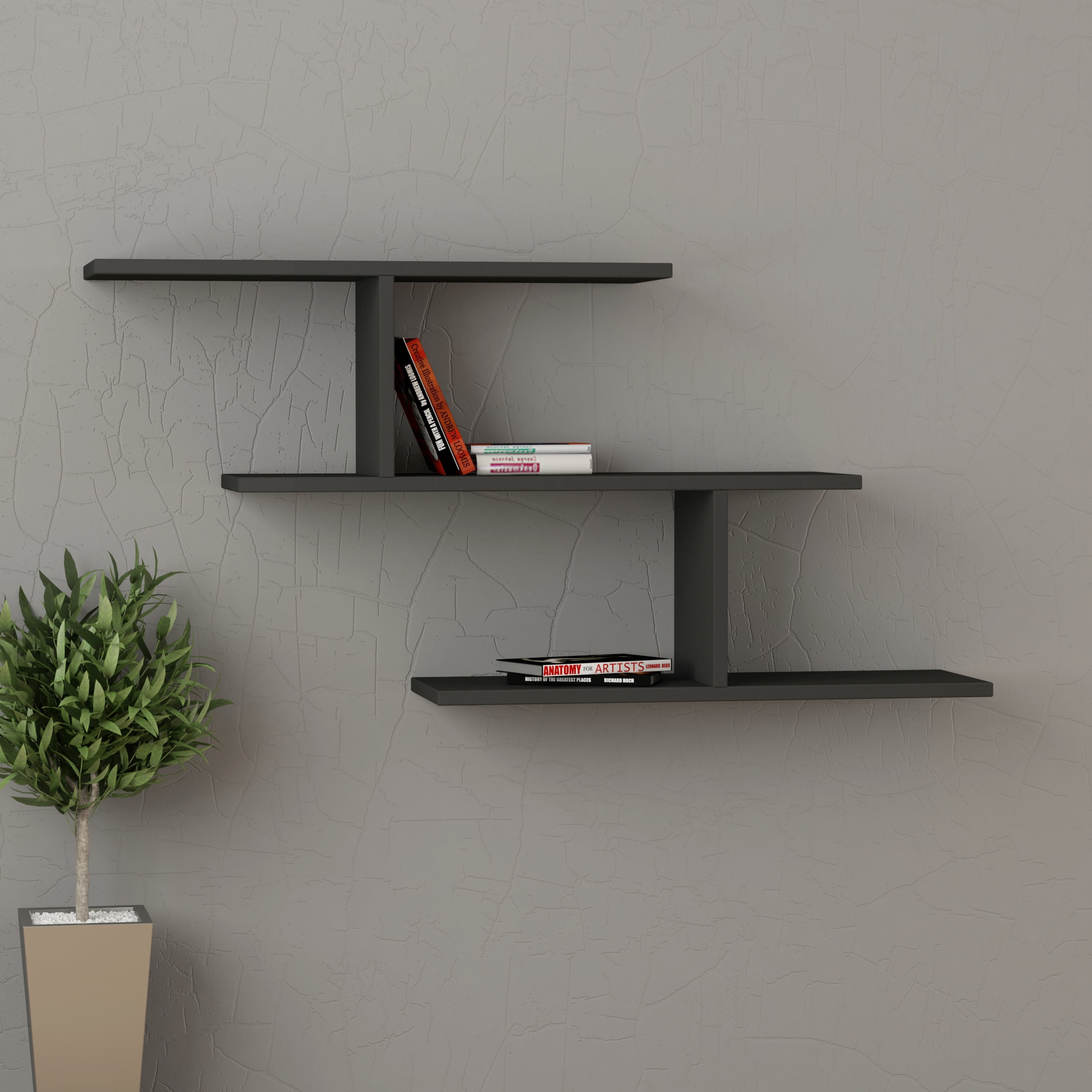 Ada Home Decor Furniture 40.94" 2 Tier Anthracite Worthen Modern Wall Shelf