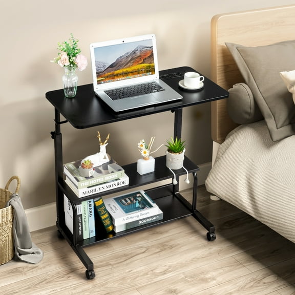 31.5" Portable Rolling Desk on Wheels – Height Adjustable Standing Desk with 2 AC Outlets/3 USB Ports, Hooks & Storage Shelves for Home Office, Black