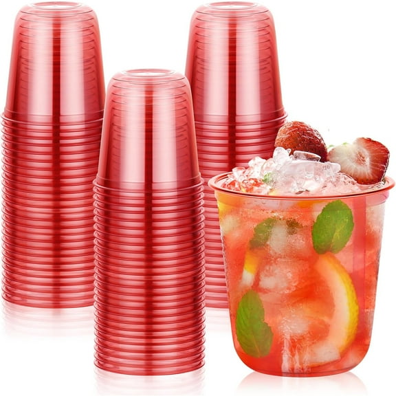 50 Pcs Red Clear Plastic Cups for Party, 12 oz Disposable Stemless Wine Glasses, Cute Round Bottom Plastic Cocktail Cups for Christmas Valentine's Day Mother's Day Birthday Wedding Party