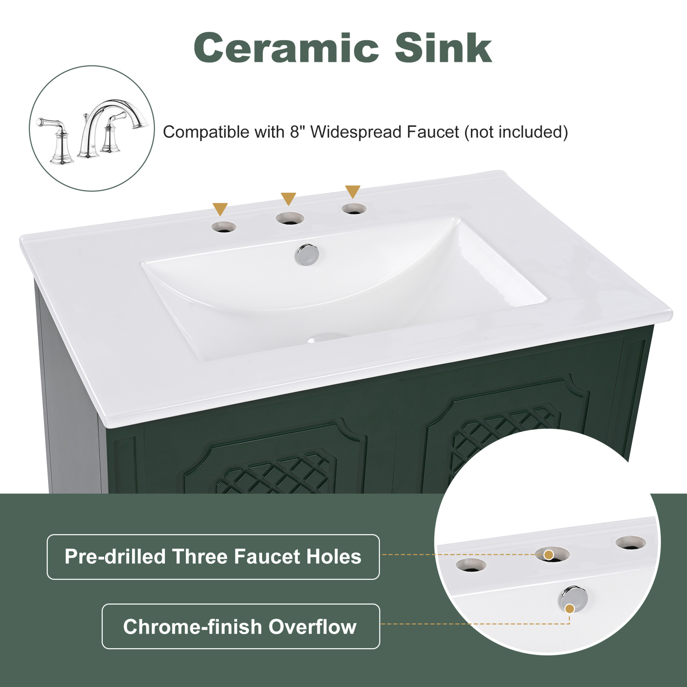 Christopher Knight Home Retro 30" Bathroom Vanity with Ceramic Sinks, Soft-Close Doors, Dark Green