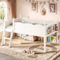 thumbnail image 3 of Leumius Twin Size Loft Bed with Full-Length Guardrails, Solid Wood Low Loft Bed with Ladders and Beside Book Shelf, Chic Shape and Low Profile Design for Boys Girls Beige, 3 of 9