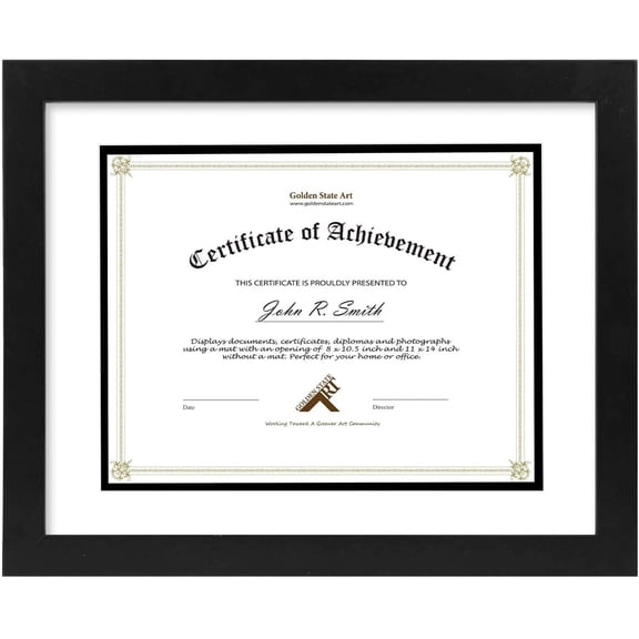 , 11x14 Diploma Frame for 8.5x11 Document & Certificates with Mat, Or 11x14 Without Mat, Real Glass, Double Mat (Black with White/Black, 1 Pack, Solid Wood)
