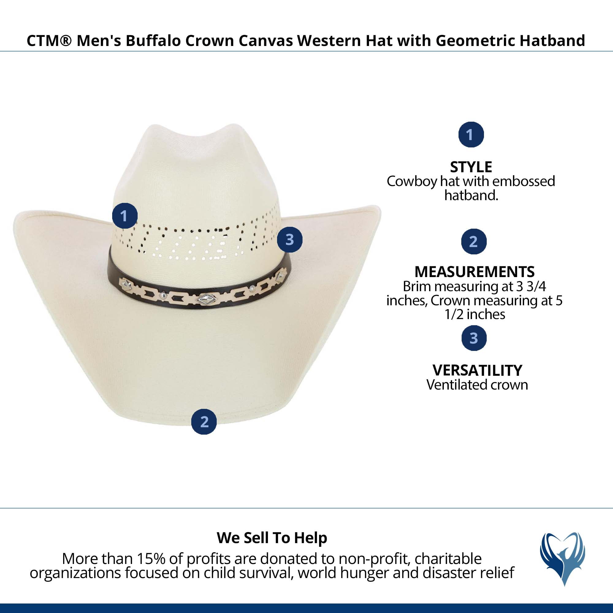 CTM  Buffalo Crown Canvas Western Hat with Geometric Hatband (Men)