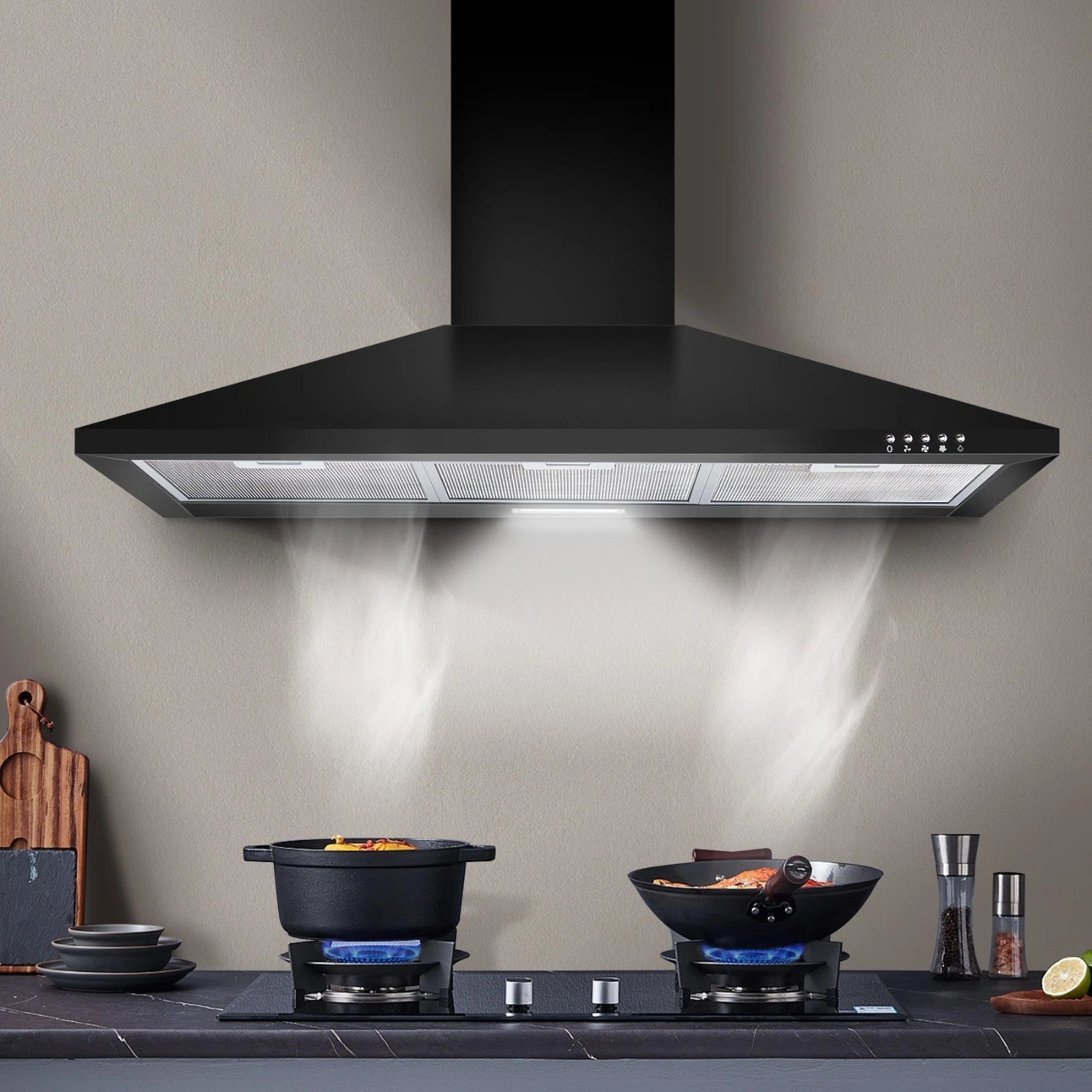 36 Inch Range Hood 450CFM Wall Mount Stainless Steel Kitchen Vent Hood 3-Speed Exhaust Fan Ducted/Ductless Convertible, Chimney-Style Stove Hood, LED Light & Push Button Control