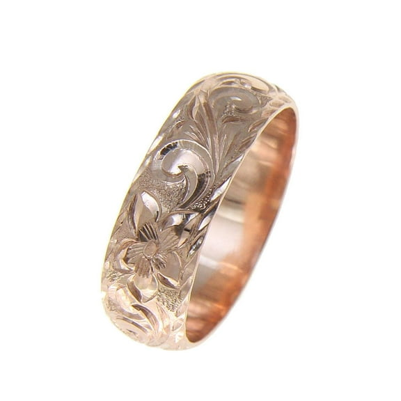 14K pink rose gold hand engraved Hawaiian plumeria scroll ring diamond cut edge 8mm size 3.5