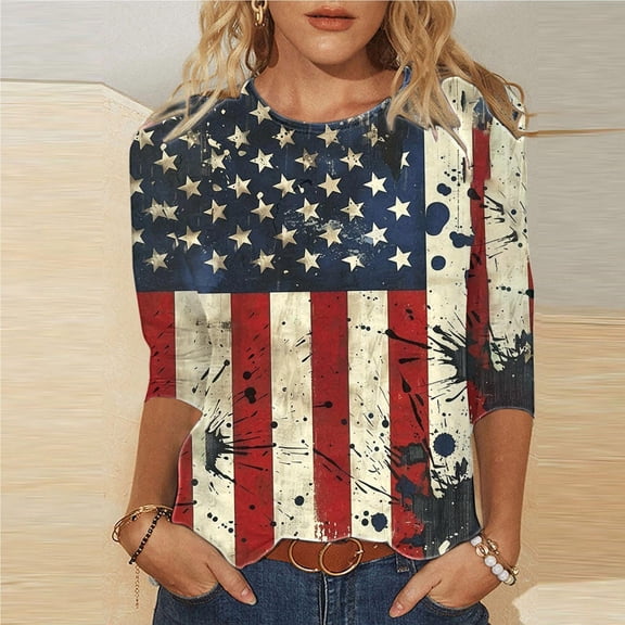 Cavosen 4th of July Tops for Women Petite Patriotic 3/4 Sleeve Round Neck Tops USA Star Striped Print T Shirts Lady XL Independence Day Casual Tops Funny 4th of July Tunic Tees 2025 Patriotic Clothes