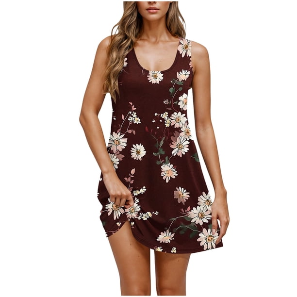Vestido Corto de Verano Casual de Moda Impreso Cuello Redondo Bolsillo sin Mangas de las Mujeres, Vestido Casual para Diario