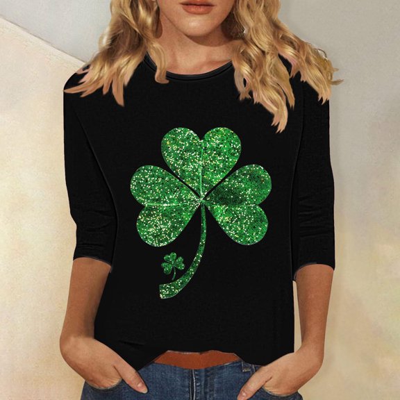 St Patrick's Day Tshirt, Womens 3/4 Sleeve Shirts Round Neck Pullover Blouse Women's Casual Printed Tops Round Neck Three-Quarters Sleeve Pullover T-Shirt