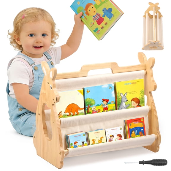 Ikoopy Kids Bookshelf Portable Toddler Bookshelf Wood Baby Book Shelf for Kids Room and Playroom Montessori Toddler Book Shelf for Displaying