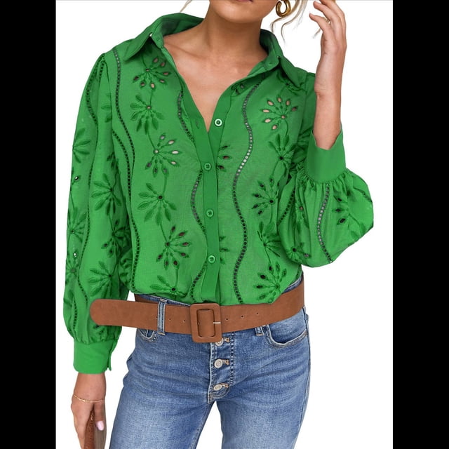 Blusa de Mujer con Mangas Largas Abullonadas, Cuello en V, Botones, Encaje Calado y Bordado Verde L
