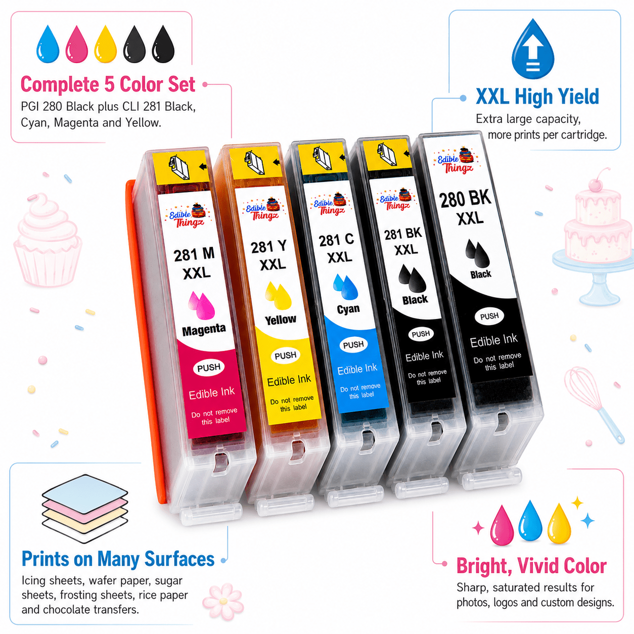 EdibleThingz Edible Ink Cartridge for Cake Decorations 280XXL 281XXL Ink for Printers 5 Pack