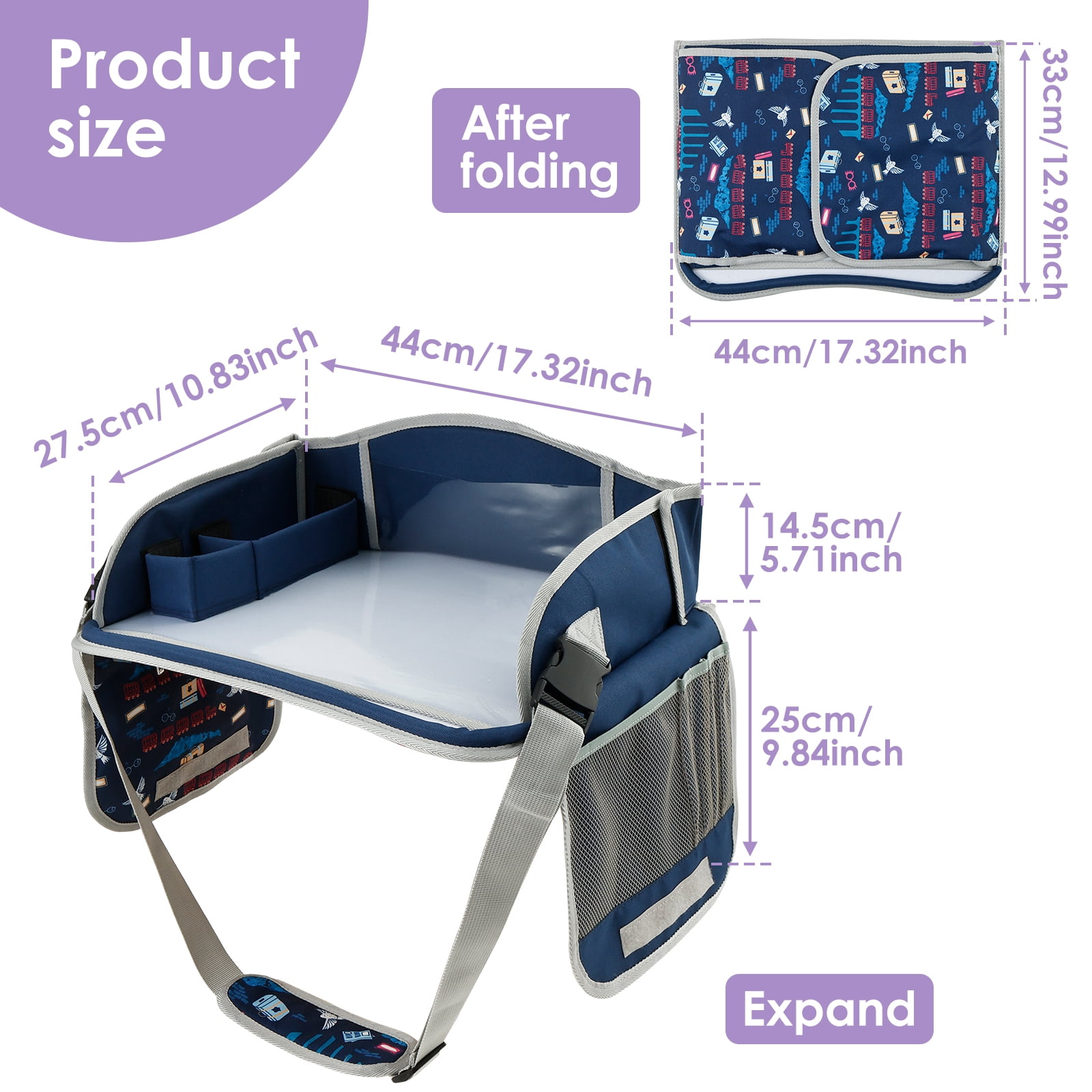 Carseat Table Tray for Kids Polyester Made Portable Drawing Board with Padded Shoulder Strap for Road Trip Activities