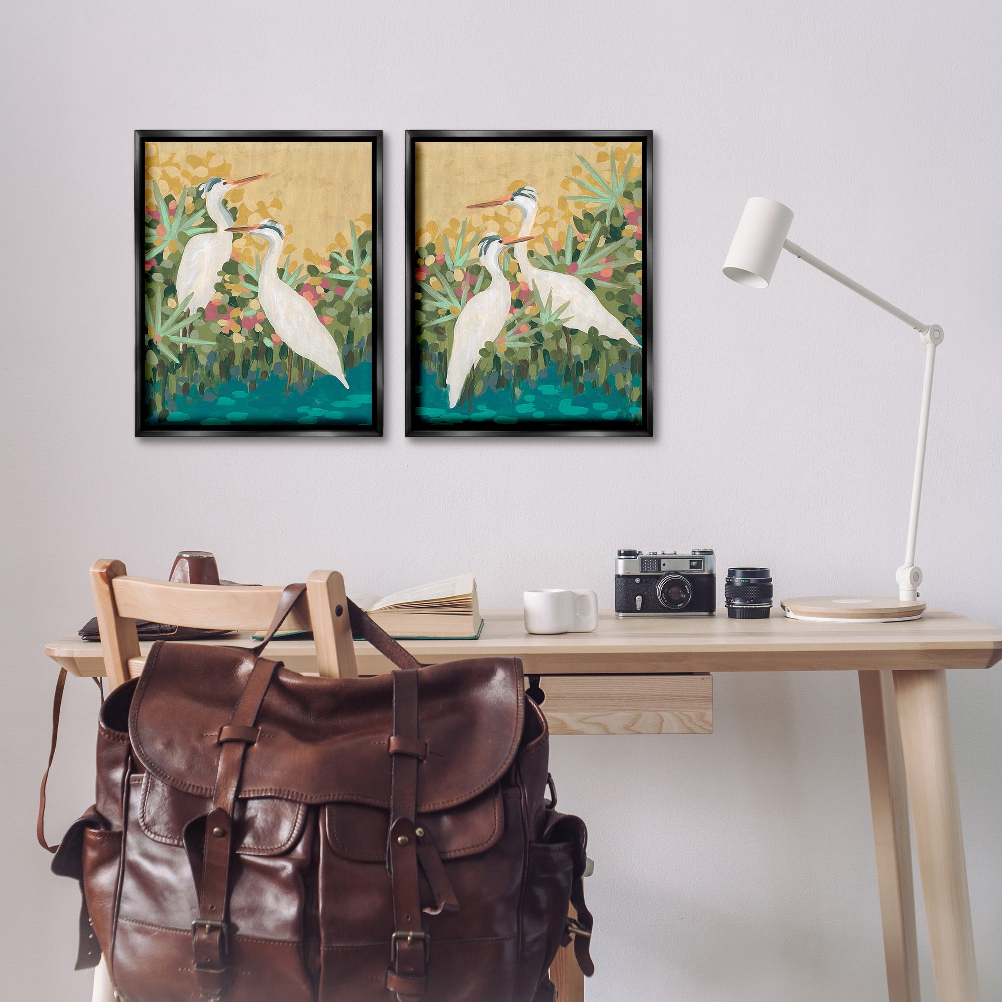 Stupell Industries Birds & Pond Botanicals Animals & Insects Painting Black Floater Framed Canvas Art Print Wall Art, 17 x 21, Set of 2