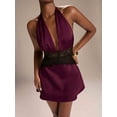 thumbnail image 3 of Maroon Halter Satin Mini Dress With Black Lace Waist Trim, Elegant Cocktail Dress For Women, 3 of 7