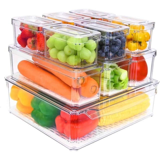 Juego de 10 Organizadores de Refrigerador, Contenedores de Acrilico de Nevera Transparentes con Tapas, Recipientes para Congelar Alimentos sin BPA para Frutas y Verduras, para Cocina y Gabinetes