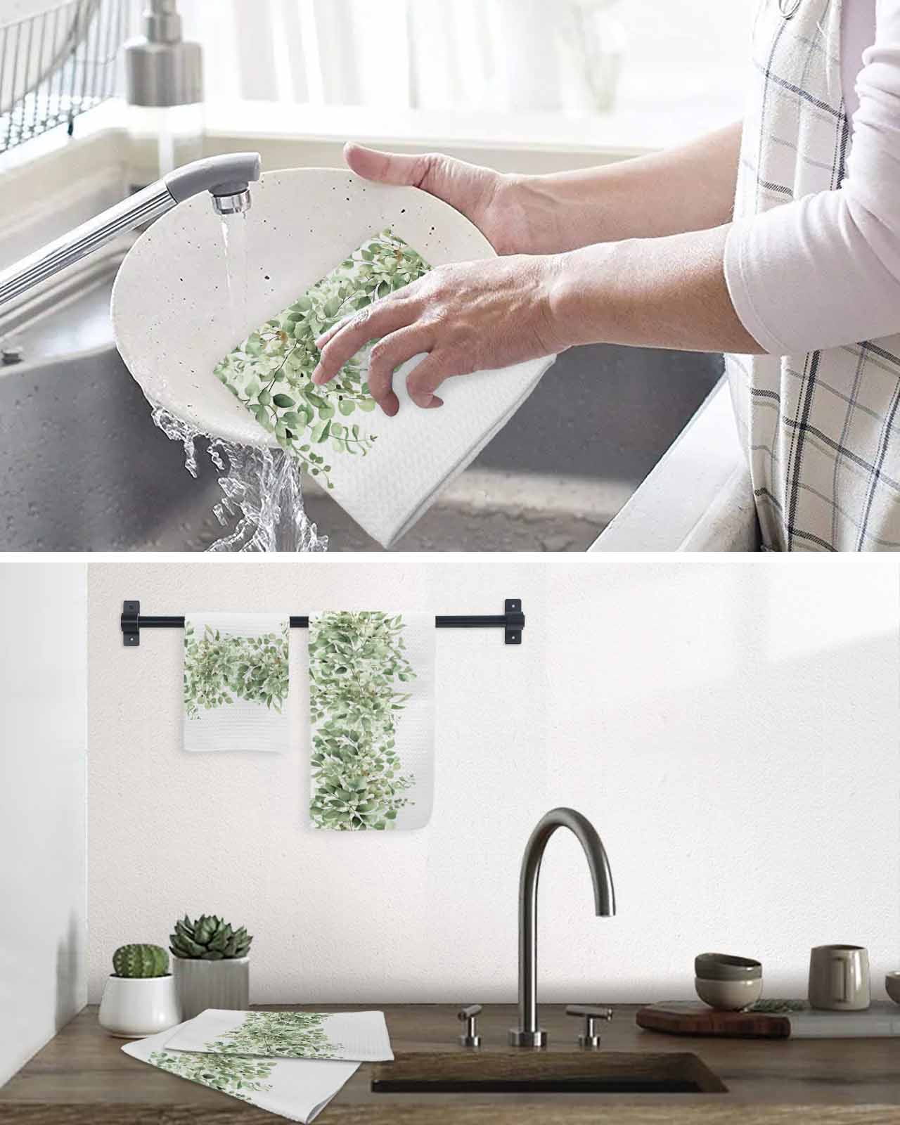 Sage Green Eucalyptus Leaves Hand Towels Set,Waffle Weave Kitchen Towels 3Pcs,Spring Summer Botanical Floral Microfiber Hair Face Bath Tea Towel Absorbent Cleaning Dish Cloths 15.7"x23.6"