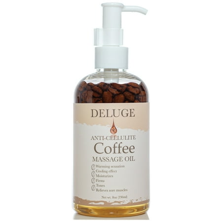 DELUGE - Anti-Cellulite Massage Oil - with Coffee Beans - Targets Unwanted Fat Tissue and Cellulite, Firms, Tightens, Tones, Relieves Sore Muscles, Moisturizes -100% Natural. Net Wt. 8 oz