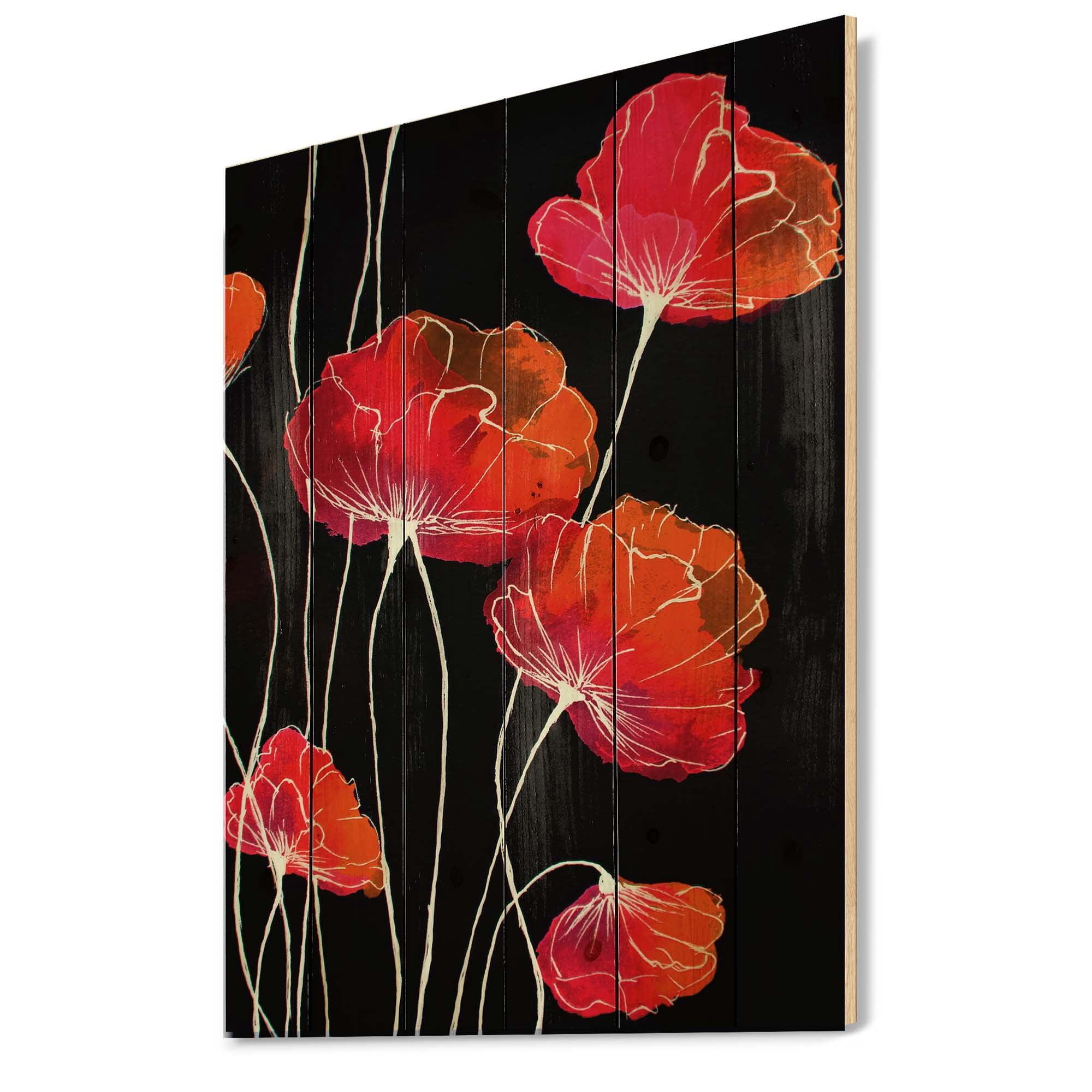 Designart 'Abstract Red Flower Detail On Black Background II' Traditional Print on Natural Pine Wood