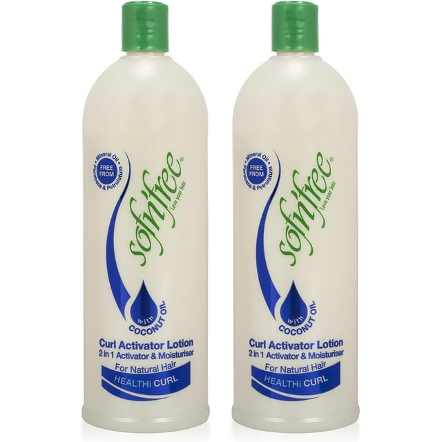 Sof n'free Moisturizer & Curl Activator for Natural Hair, Soft Curls, and Waves, 25.3 fl oz / 750ml, 2 pack. The bottles feature a cream-coloured body with green caps and blue and green text, highlighting its coconut oil formula and benefits for soft, manageable curls. Suitable for various curl types, including 2A to 4C, and free from mineral oil, parabens, and petrolatum.