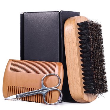 3PCS Beard Care Set Wooden Beard Scissors Beard Comb Beard Brush for Father' Day