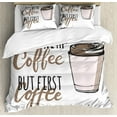 thumbnail image 1 of But First Coffee Duvet Cover Set King Size, Morning Starts with Coffee Lettering with Watercolor Cup, Decorative 3 Piece Bedding Set with 2 Pillow Shams, White Cocoa and Baby Pink, by Ambesonne, 1 of 3