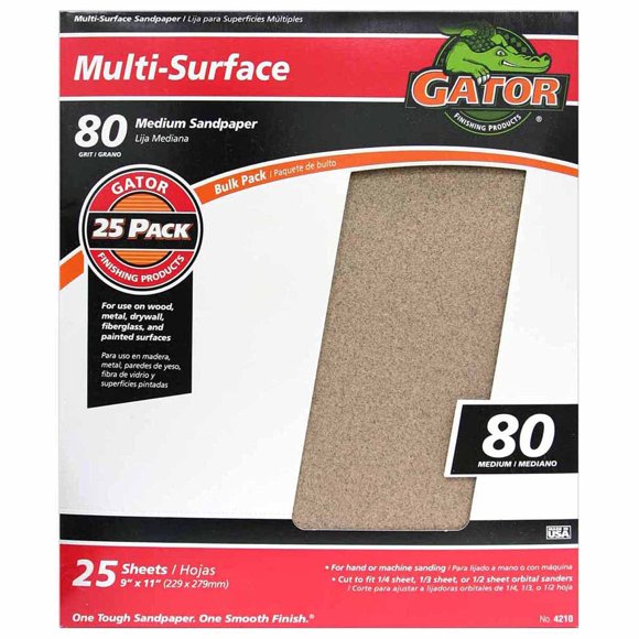 Hojas de lijado Gator Multi-Surface, grano 80, 9 x 11 pulgadas, paquete de 25