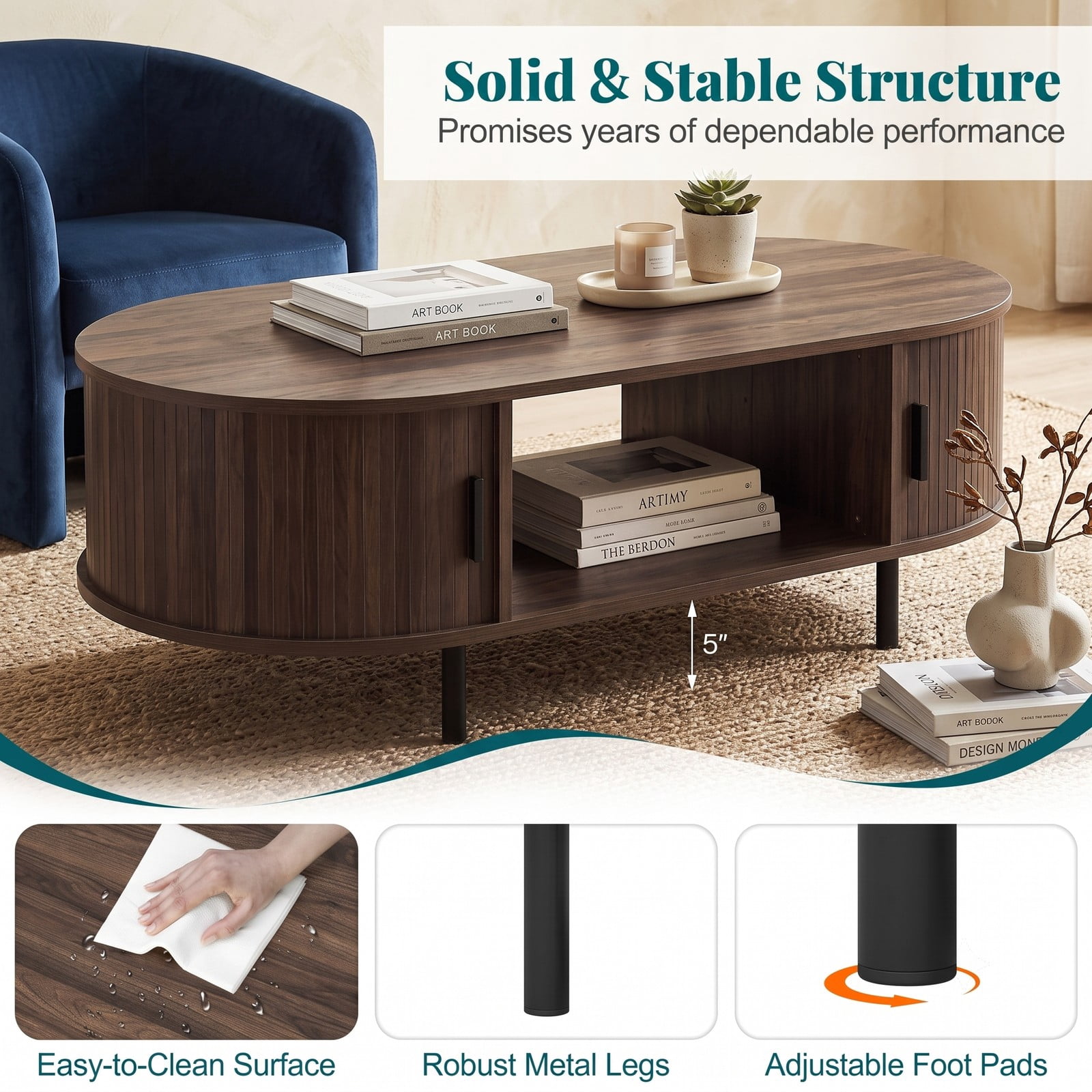Furnibear Oval Coffee Table 47.5 Inch Wooden Center Table with Storage Shelves and Sliding Doors for Living Room, Walnut
