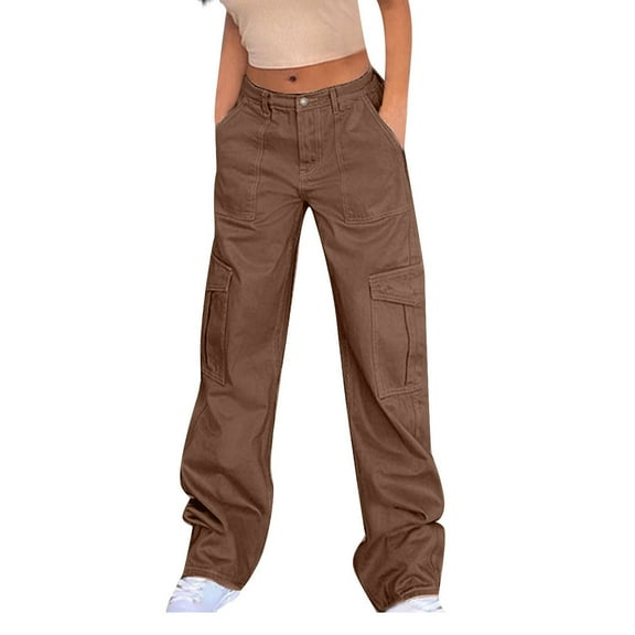 YuXingFu Women Wide Leg Cargo Pants Wide Leg Jeans Capris Yoga Cropped Pants Women's Spring/Summer Color Casual Workwear Pocket Pants Brown S