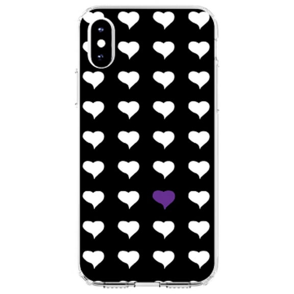DistinctInk Clear Shockproof Hybrid Case for iPhone XS Max (6.5" Screen) - TPU Bumper, Acrylic Back, Tempered Glass Screen Protector - Purple White Black Repeating Hearts