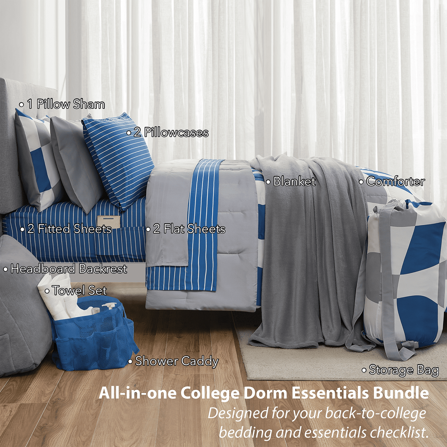 14pc College Dorm Essentials Bundle, Twin-XL, Reversible Bed in a Bag Comforter Set, Navy Checker