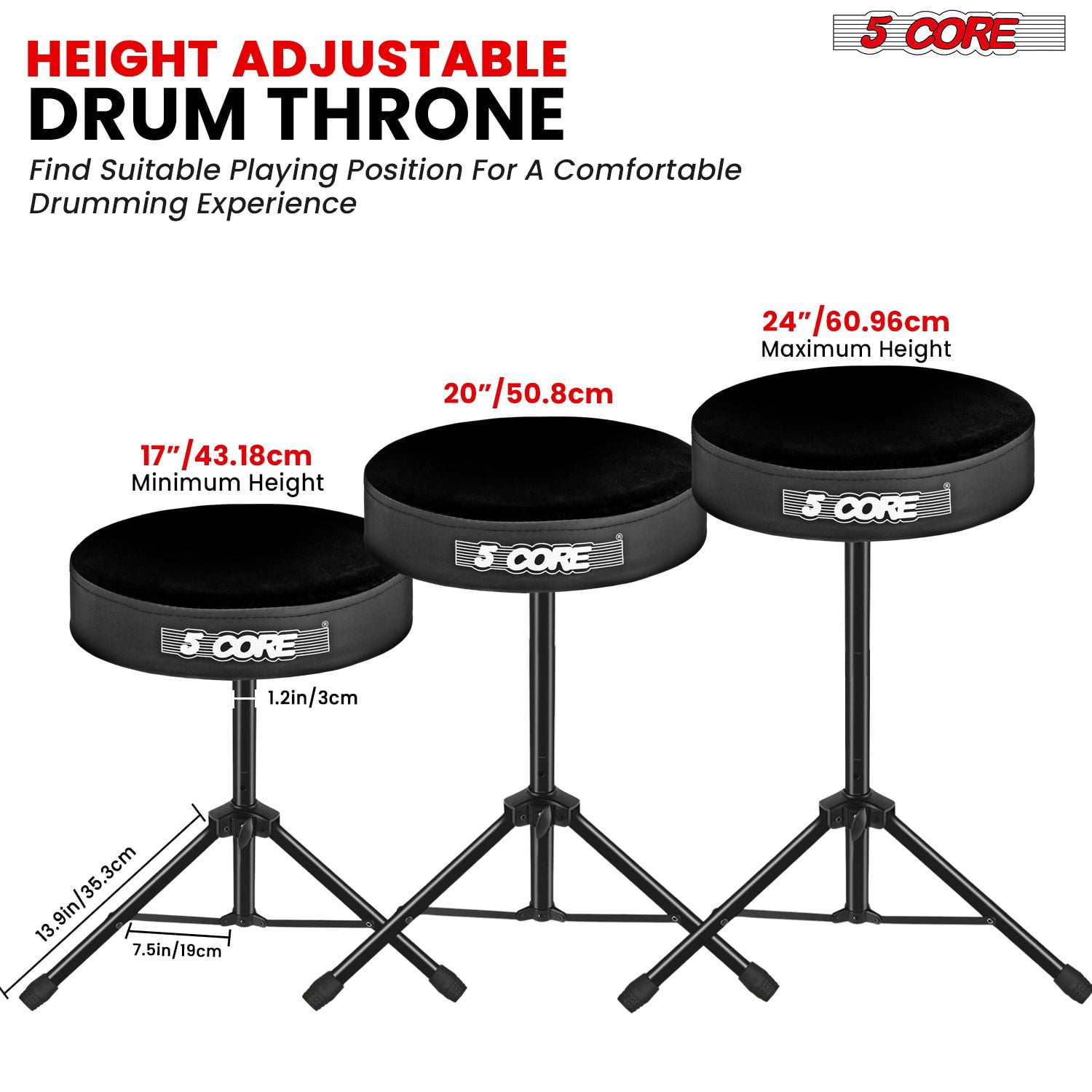 Adjustable Drum Throne Stool with 3" Thick Padding – Heavy-Duty 330 lb Capacity Guitar Seat for Adults & Kids, Anti-Slip Tripod Base