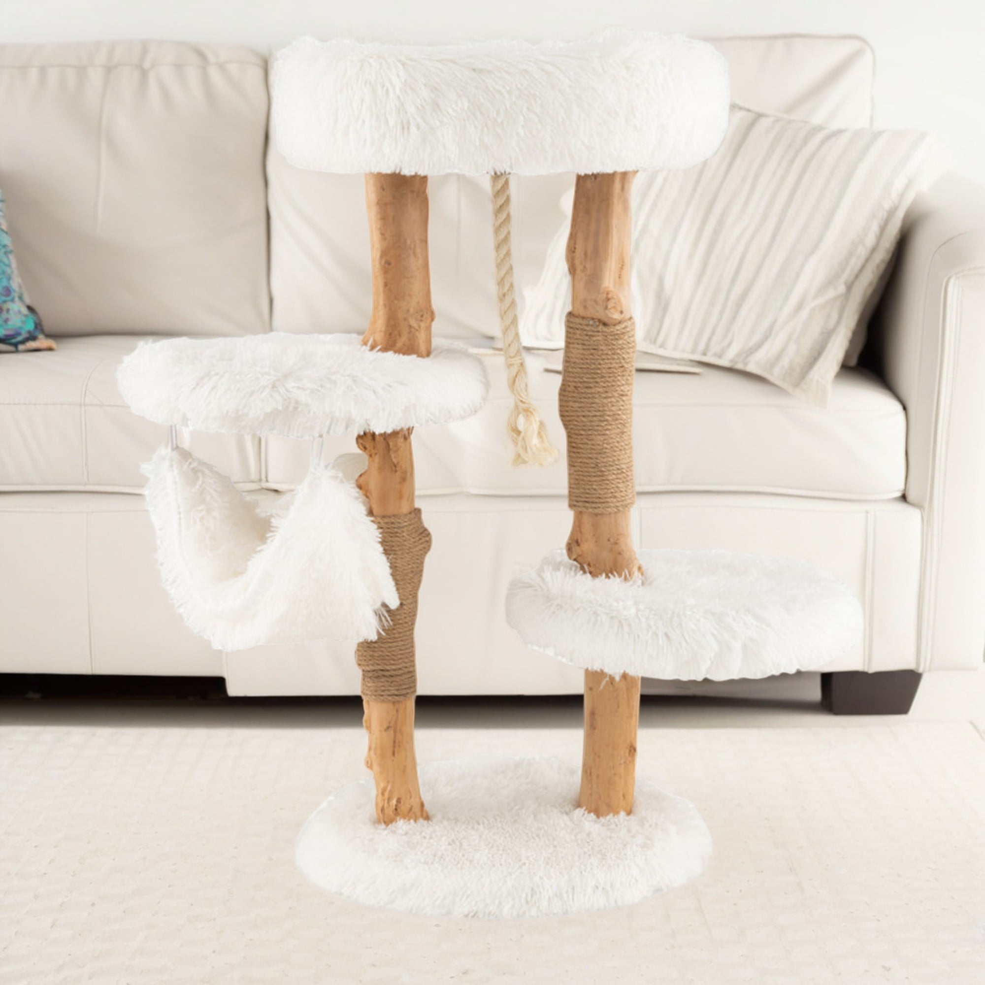 Kadyn 34" Solid Wood Cat Tree Tower for Indoor, Modern Cat Condo with Scratching Post, Cat Climbing Tree House Furniture, White