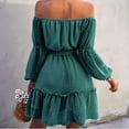 thumbnail image 4 of Hfyihgf Womens Tie Waist Ruffle Dress Off Shoulder Lantern Long Sleeve Chiffon Short Dresses A-Line Casual Swiss Dot Swing Dress(Army Green,L), 4 of 8