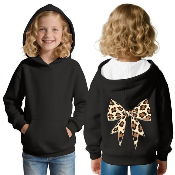 Ugoldhm Girls Hooded Sweatshirts Pullover Printed Shirts Leopard Bow Fall Fashion Outerwear 3-13 Years