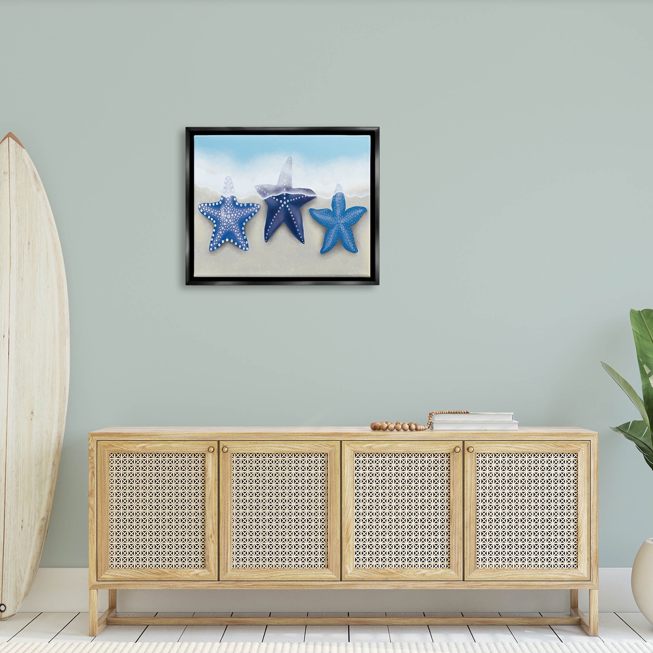 Mixed Blue Starfish Shoreline Animals & Insects Graphic Art Jet Black Framed Art Print Wall Art