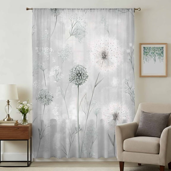 White Green Dandelion Sheer Curtains 63 Inches Long, Grey Floral Leaves Light Filering Curtains, Breathable Simi Curtain Privacy Drapes for Living Room Bedroom Lightweight Window Treatment