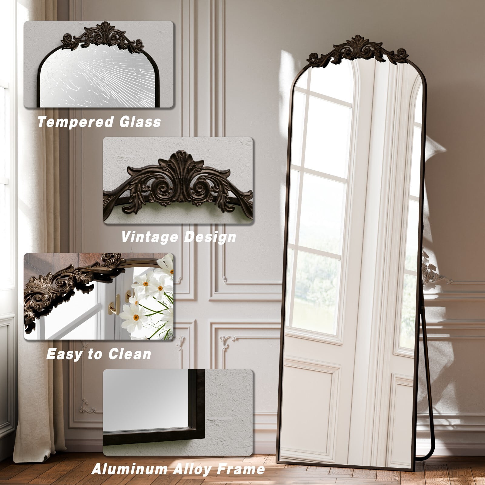 Easy4Home 66"x21" Vintage Arched Full Length Mirror Standing Floor Mirror with Baroque Style Carving Metal Frame, Antique Bronze