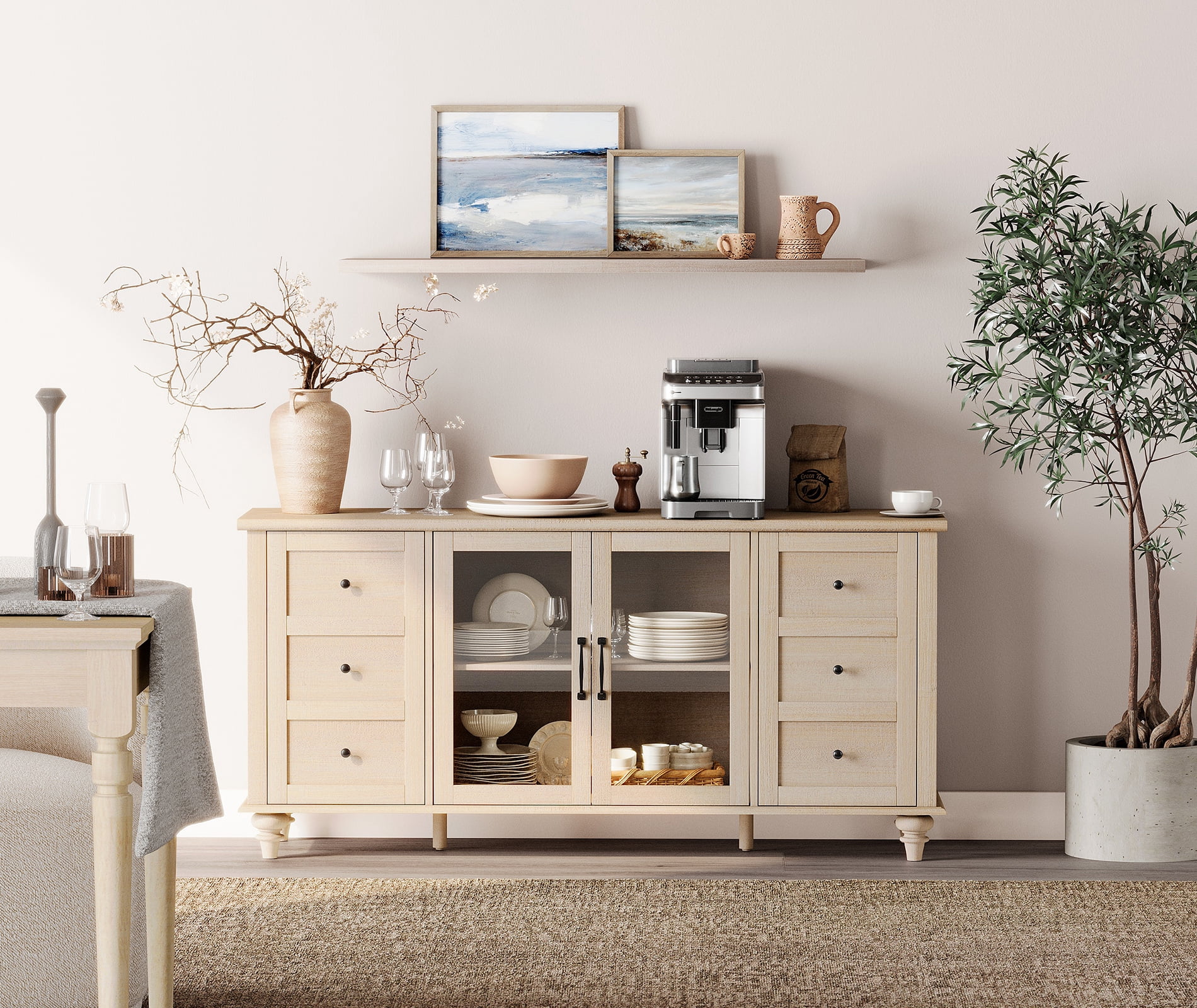 Light Beige Sideboard Buffet Cabinets with Glass Door, Kitchen Storage Cabinets, Wood Coffee Bar Tables
