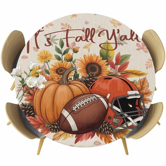 Pumpkin Football Fall Round Tablecloth, Fitted Table Cover with Elastic for 55"-60" Round Tables, Thanksgiving Sunflower Maple Beige Table Cloth Outdoor Indoor Dinning Party Waterproof Tablecloths
