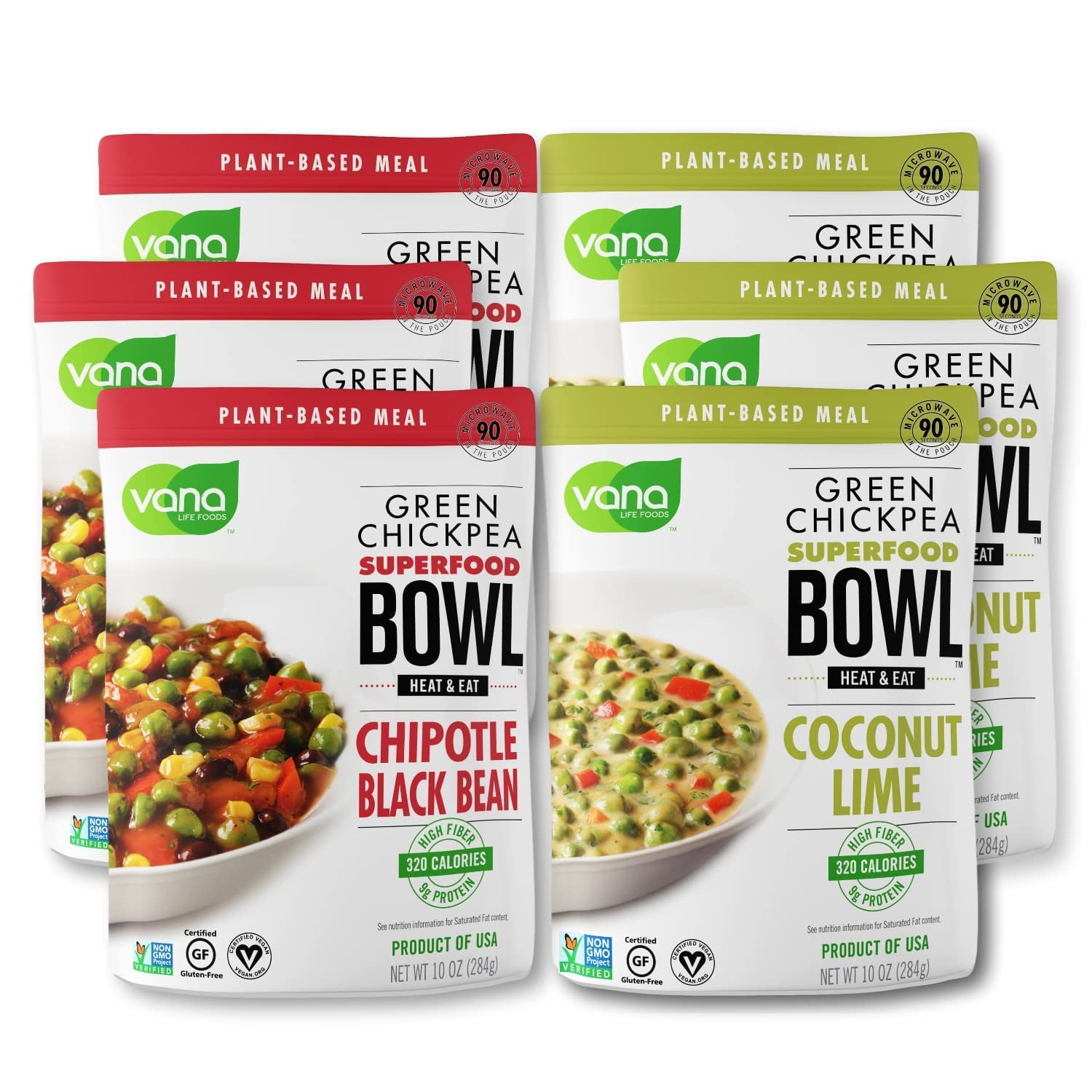 Vana Life's Foods Plant based Ready Meal - Green Chickpea Superfood Bowl Heat and Eat Microwaved Cooked Bowl | Product of the USA (Chipotle & Lime Combo, 6-Pack)