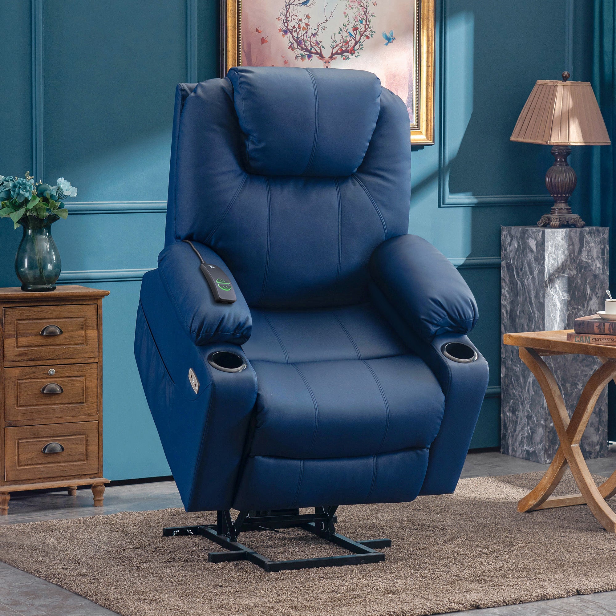 MCombo Electric Power Lift Recliner Chair with Vibration and Heat for Elderly, Faux Leather, Blue