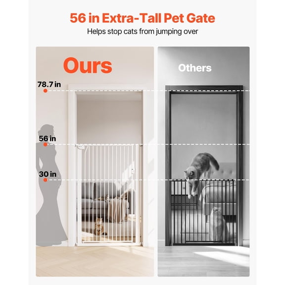 Extra Tall Pet Gate for Cats, 29-41 in Adjustable Width, 56 in High Dog Gate, with Pressure Mount Kit and Wall Mount Kit, 1.3 in Narrow Bar Spacing, for Stairs, Doorways, and House, White