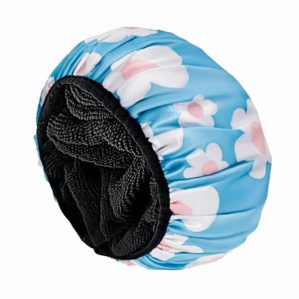 wonima11 Shower Cap,Extra Large Triple Layer Bathing Cap with Dry Hair Function for Women Microfiber Terry Cloth Silky Satin 100% Waterproof Reusable Long Hair Bath Caps (Light Blue flora)