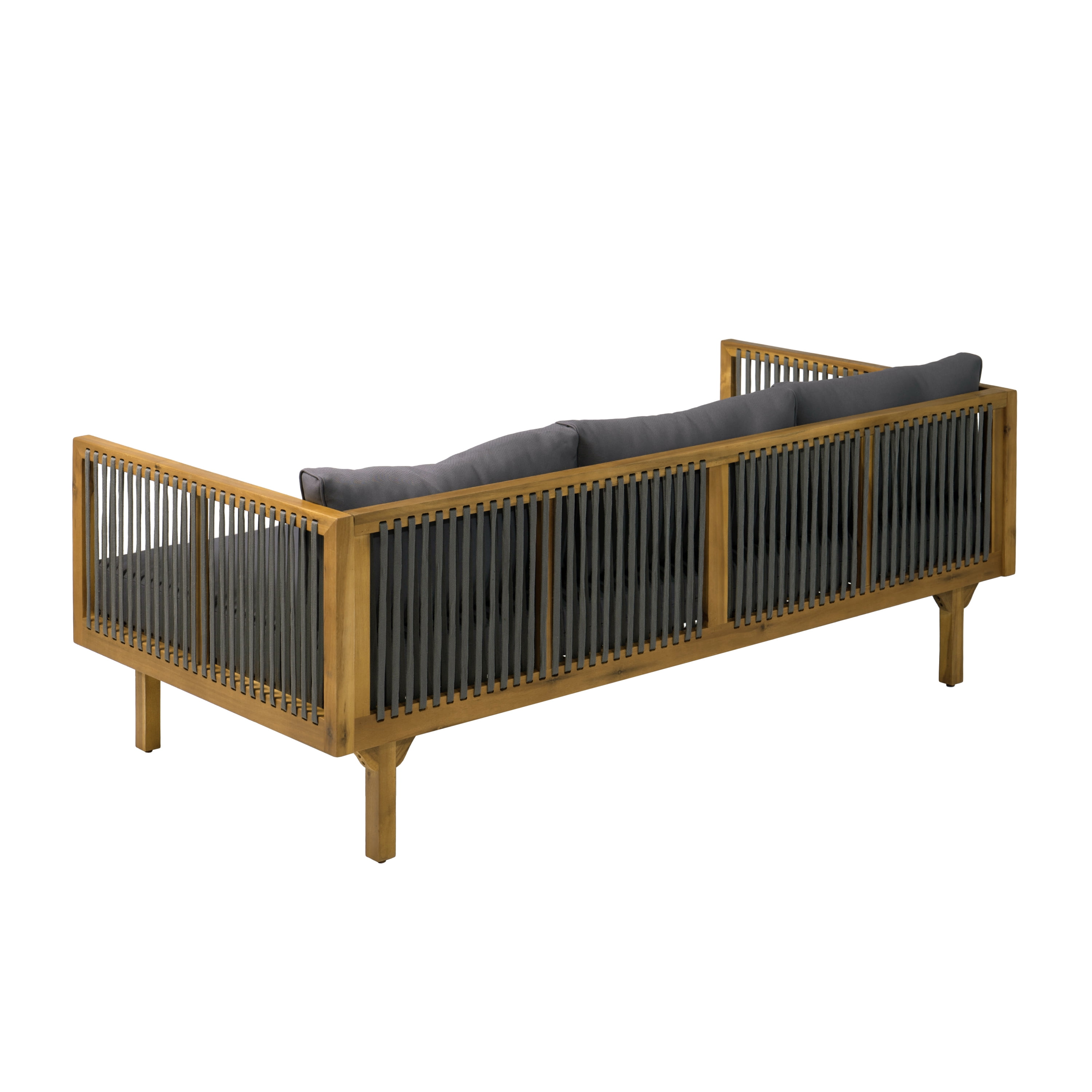 Patio Sofa, Outdoor Dark Grey Cushion Sofa with Grey Rope Acacia Wood for Garden Deck, Teak