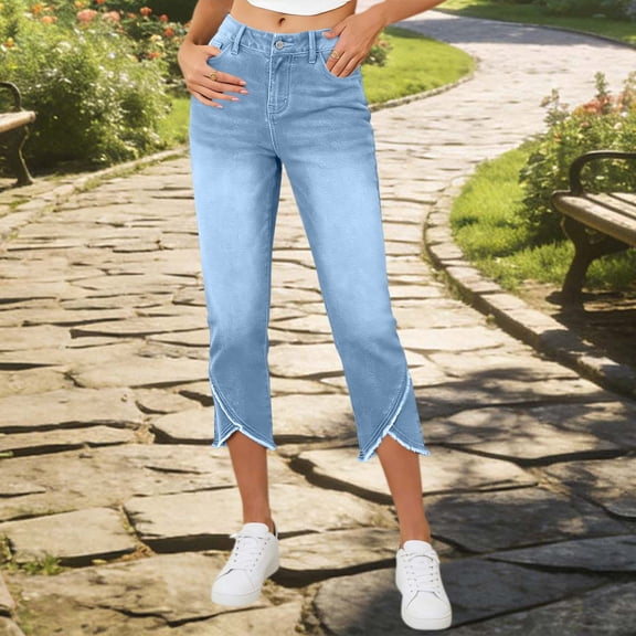 WHLBF Pants for Women High Waisted Stretchy Skinny Hem Summer with Pockets Cropped Jeans Light Blue M