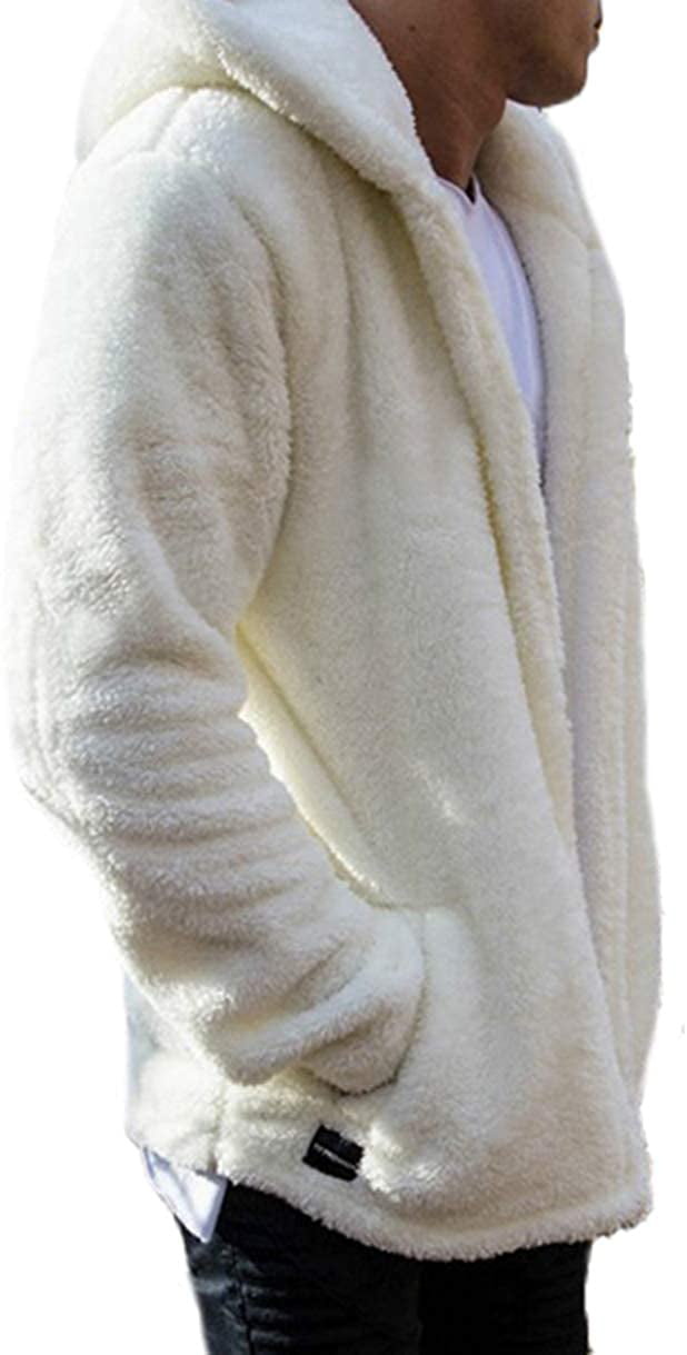 Bemawe Mens Fluffy Sherpa Fleece Hoodie Jacket Open Front Cardigan Coat with Pockets