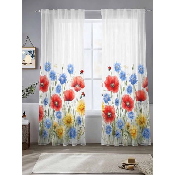 Vintage Red Blue Concubine Sheer Curtains 2 Panels Set, Independence Day Light Filtering Rod Pocket Voile Drapes, Window Sheer Curtains for Living Room/Bedroom, 52'' W x 84'' L