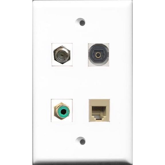 RiteAV 1 Port RCA Green and 1 Port Coax Cable TV- F-Type and 1 Port Phone RJ11 RJ12 Beige and 1 Port Toslink Wall Plate