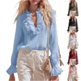thumbnail image 6 of Women's Retro Ruffle Edge V-Neck Long Sleeve Pullover Top Lightweight Solid Color Casual Loose Blouse Fashion Daily Vacation Streetwear Shirt, White Size XL, 6 of 6