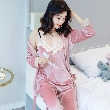 

DanceeMangoo Autumn Winter Warm Pajamas Set Women Sling Deep Gold Velvet Sexy Homewear 3PCS Women Pajama Sets Long Pant Set Robe Women
